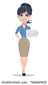 Business woman holding white envelope. Beautiful businesswoman in formal clothes standing straight. Cute cartoon character. Vector illustration.