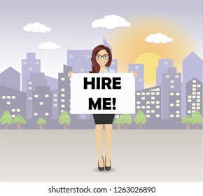Business woman is holding a white sheet with text hire me!