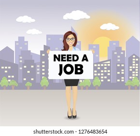 Business woman is holding a white sheet with text need a job