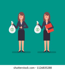 Business woman holds bag money holds folder and smiling. Business people. Vector illustration.