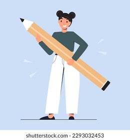 Business Woman holds big pencil. Confident female writer or content manager stands with pen. Copywriting and blogging concept. Vector stock illustration. Flat style student with a pencil. Education.