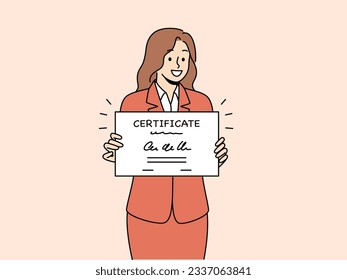 Business woman holds certificate confirming completion of professional courses and additional education. Smiling girl rejoices at receiving certificate after passing business training