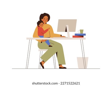 Business woman holds her infant son and work from home via computer. Single mother has remote job. Female freelance worker with child at workplace. Maternity and career concept. Vector illustration