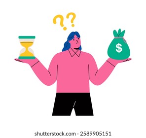 Business woman holds hourglass and money. Comparison of financial risks and benefits concept. Flat vector illustration isolated on white background
