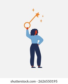 Business woman holds Key to success. Female unlocks true personal potential, winner or career improvement or new opportunity. vector illustration