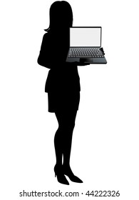 A Business woman holds laptop computer to display the copy space in the blank white screen background.