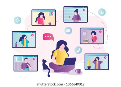 Business woman holds laptop. Online meeting. Сolleagues discussing matters at online conference. People conversation on video calling. Concept of freelance and remote work. Flat vector illustration