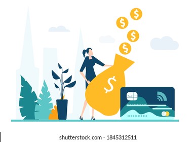 Business woman holds money sack and collection dollar coins. Banking, saving, investing and accounting concept. 