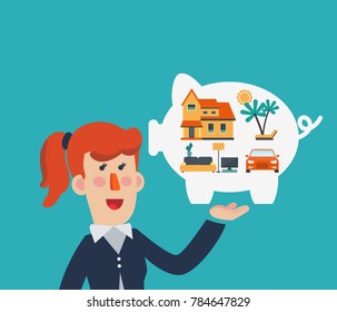 Business woman holds piggy bank in his hand and dreams about house, car and holiday. Saving and investing money concept. Future financial planning concept