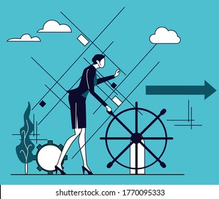 Business woman holds ship whee. Winner, leader, achievement and success. Business concept illustration  