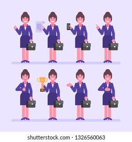 Business woman holds suitcase and various objects. Character set. Vector Illustration