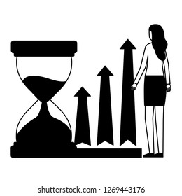 business woman with hourglass and arrows