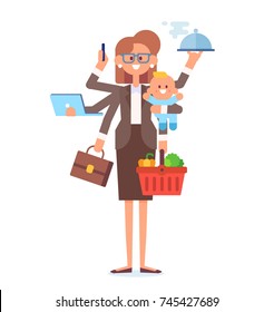 Business woman and housewife - mother with baby, working, cooking and make a shopping. Multitasking woman. Vector flat cartoon illustration.
