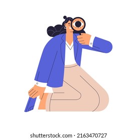 Business woman, HR specialist looking for staff. Employer with magnifier searching, finding personnel. Analysis, vision and strategy concept. Flat vector illustration isolated on white background