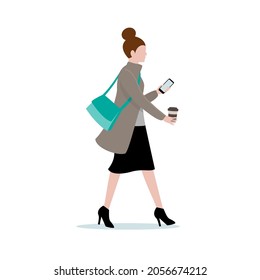 Business Woman In Hurry, Holding Cell Phone And Coffee Cup.