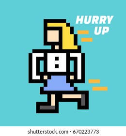 Business Woman Is Hurry Up. Pixel Art. Elements Design. Illustration And Icon.