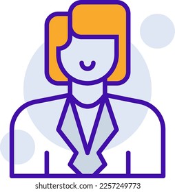 Business Woman business icon with purple and orange duotone style. Corporate, currency, database, development, discover, document, e commerce. Vector illustration