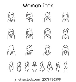 Business woman icon set in thin line style