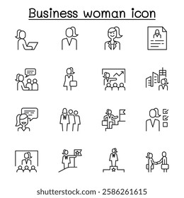 Business woman icon set in thin line style