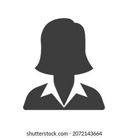 Icono de mujer de negocios, símbolo de avatar vector. Pictograma femenino, chica, símbolo de la silueta de señora aislada en fondo blanco. Cara, cabeza, perfil, usuario, trabajador, gerente, empresaria, concepto de oficina. EPS 10