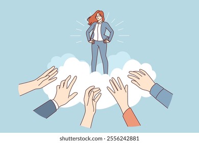 Business woman idol for fans stands among clouds and hands of people who want to receive advice from guru. Successful businesswoman is treated like idol due to professionalism and unique skills