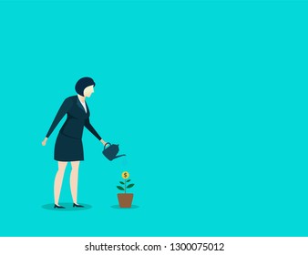 business woman illustration concept watering plant growth to goal finance