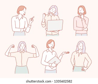 Business woman illustration in different emotions and poses. Hand drawn style vector design illustrations.