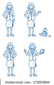 Business woman illustration in different emotions and poses, hand drawn sketch - part 1