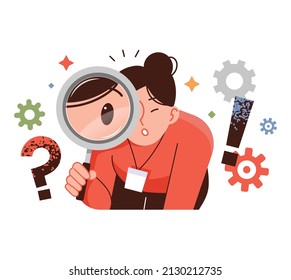 Business woman illustration. A woman is making observations with a magnifying glass.