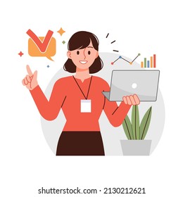 Business woman illustration. A woman is standing with a laptop. svg