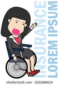 Business Woman injured and wheelchair. Funny illusrtation vector concept.