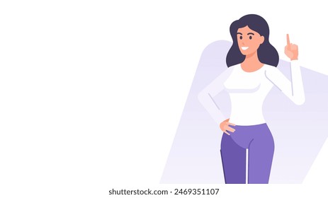 Business woman innovation idea attention banner design template vector flat illustration. Smiling cartoon female forefinger pointing gesture brainstorm creative solution advice recommendation