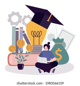 Business woman invests economy in education. Concept of investments in education and knowledge. Saving money for scholarship and student loan. Investing and financial management. Vector illustration