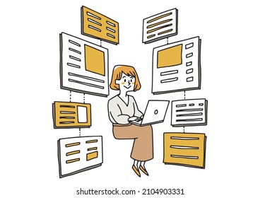  Business woman involved in software development and WEB programming Warm hand-drawn portrait illustration