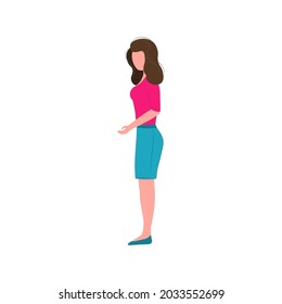 business woman isolated on white background. vector flat illustration. girl stands sideways. Happy young woman