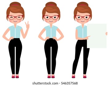 Business woman isolated on white background in full length in various poses to do different gestures Stock Vector cartoon illustration