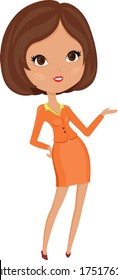 Business woman isolated over white background announces something 