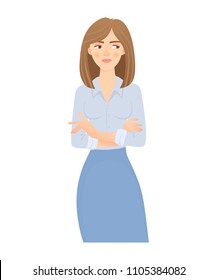 Business woman isolated. Business pose and gesture. Young businesswoman vector illustration. Crossed arms