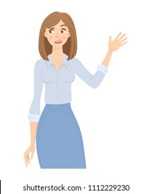 Business woman isolated. Business pose and gesture. Young businesswoman vector illustration. Hand up