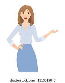 Business woman isolated. Business pose and gesture. Young businesswoman vector illustration. Point hand