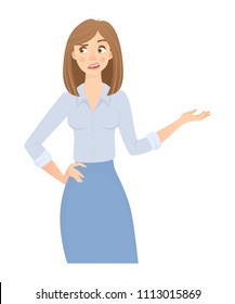 Business woman isolated. Business pose and gesture. Young businesswoman vector illustration. Point hand