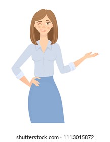 Business woman isolated. Business pose and gesture. Young businesswoman vector illustration. Point hand