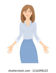 Business woman isolated. Business pose and gesture. Young businesswoman vector illustration. Hands in the side