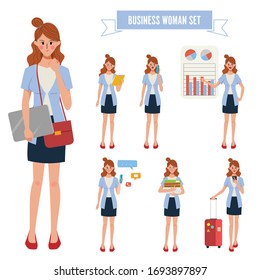 Business woman in job and lifestyle daily routine character set. Business people in occupation and job details.