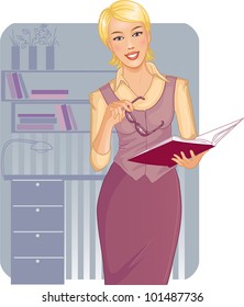 Business woman with journal near desk