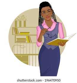 Business woman with journal near desk 