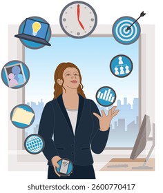 business woman juggling multiple business icons, concept of managing all aspects of business, in an office with city skyline view in the background