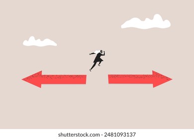 Business woman jump arrow sign to other direction. concept of Change career, different path or direction, find new way and opportunity