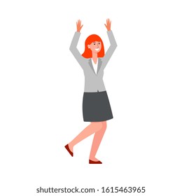 Business woman jumping and cheering happily cartoon flat vector character illustration isolated on white background. Success and award in team work concept element.
