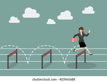 Business woman jumping over hurdle. Business concept